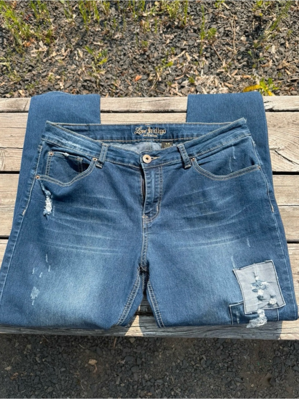 Love Indigo Women's Distressed Straight Leg Jeans in Dark Blue